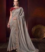 Grey embroidered fancy fabric saree with blouse