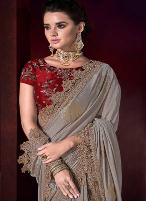 Grey embroidered fancy fabric saree with blouse 2