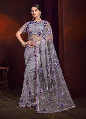 Lilac embroidered net saree with blouse 1