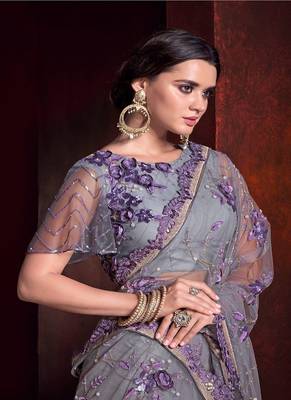 Lilac embroidered net saree with blouse 2
