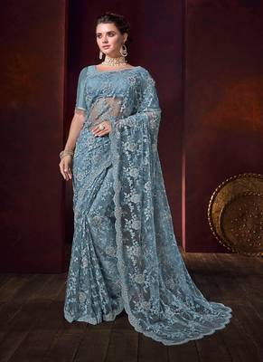   sky blue embroidered net saree with blouse 1