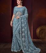   sky blue embroidered net saree with blouse