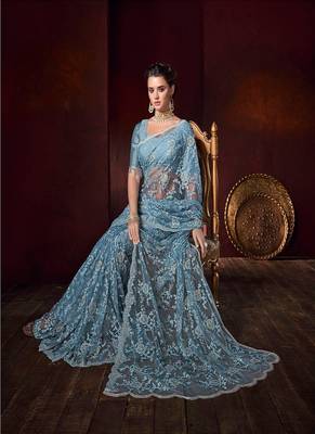  sky blue embroidered net saree with blouse 2