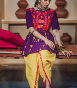  Navy Blue Khadi Embroidered Kedia With One Size Sleeve And Tulip Pants Set 