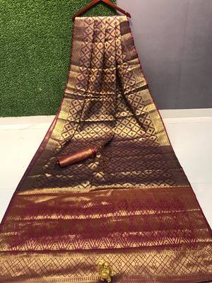 wine Chennai kanjivaram silk Saree With Attached Blouse 1