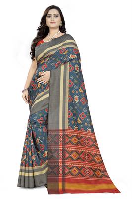 Blue printed linen saree with blouse 1