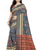 Blue printed linen saree with blouse