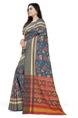 Blue printed linen saree with blouse 2