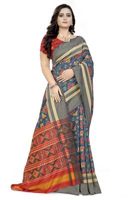Blue printed linen saree with blouse 3