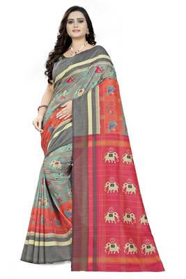 Turquoise Printed Linen Saree With Blouse 1