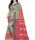 Turquoise Printed Linen Saree With Blouse