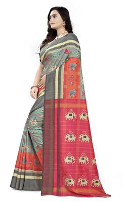 Turquoise Printed Linen Saree With Blouse 2