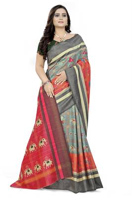 Turquoise Printed Linen Saree With Blouse 3