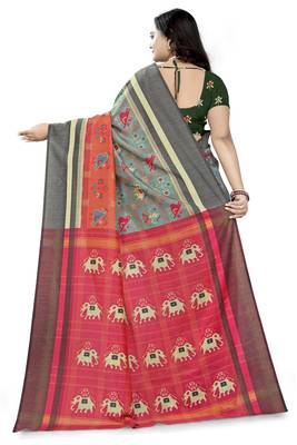 Turquoise Printed Linen Saree With Blouse 4