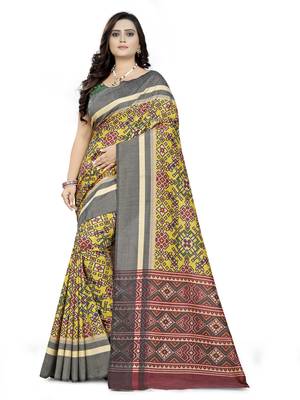 Yellow Printed Linen Saree With Blouse 1