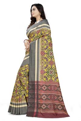 Yellow Printed Linen Saree With Blouse 2