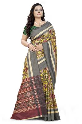 Yellow Printed Linen Saree With Blouse 3