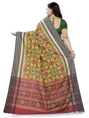 Yellow Printed Linen Saree With Blouse 4
