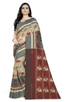 Cream Printed Linen Saree With Blouse 1