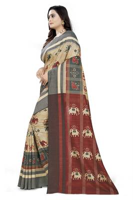 Cream Printed Linen Saree With Blouse 2
