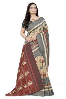 Cream Printed Linen Saree With Blouse 3