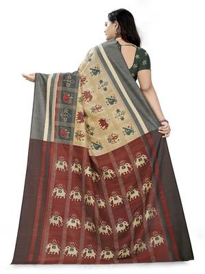 Cream Printed Linen Saree With Blouse 4