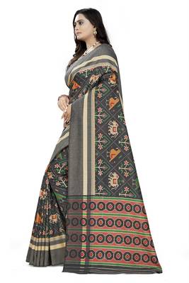 Grey Printed Linen Saree With Blouse 2