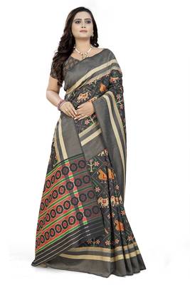 Grey Printed Linen Saree With Blouse 3
