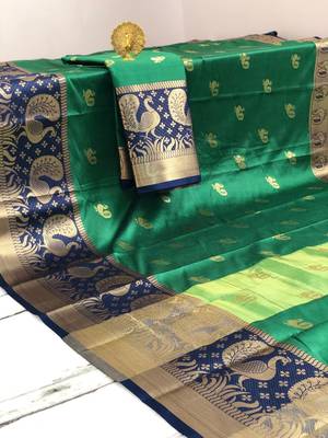 green Aura Butta Cotton silk Saree With Attached Blouse 1