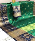 green Aura Butta Cotton silk Saree With Attached Blouse