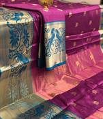 magenta Aura Butta Cotton silk Saree With Attached Blouse