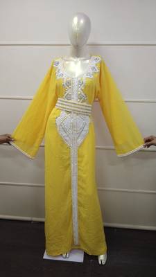 Yellow Zari Work Chiffon Polyester Islamic Party Wear Festive Kaftan 1