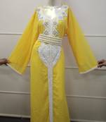 Yellow Zari Work Chiffon Polyester Islamic Party Wear Festive Kaftan