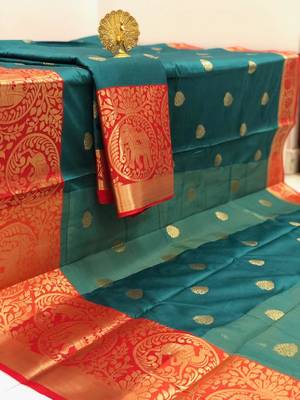 Turquoise Aura Butta Cotton silk Saree With Attached Blouse 1