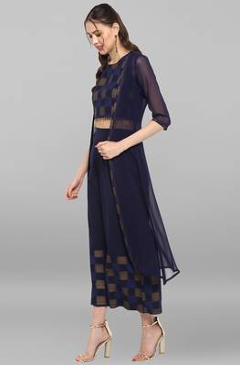 Navy blue printed crepe ethnic kurtis 4