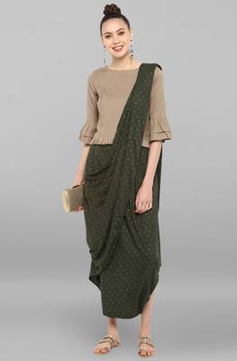 Janasya Women'S Beige Plain Crop Top With Dhoti Style Saree 1