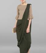 Janasya Women'S Beige Plain Crop Top With Dhoti Style Saree