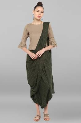 Janasya Women'S Beige Plain Crop Top With Dhoti Style Saree 2