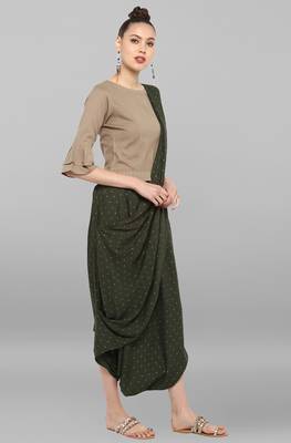 Janasya Women'S Beige Plain Crop Top With Dhoti Style Saree 4
