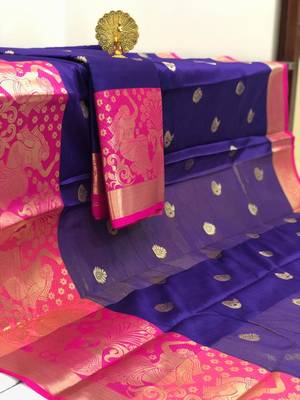 blue Aura Butta Cotton silk Saree With Attached Blouse 1