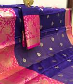 blue Aura Butta Cotton silk Saree With Attached Blouse