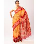 Mustard Bengal Cot Silk Zari Batik Printed saree with blouse