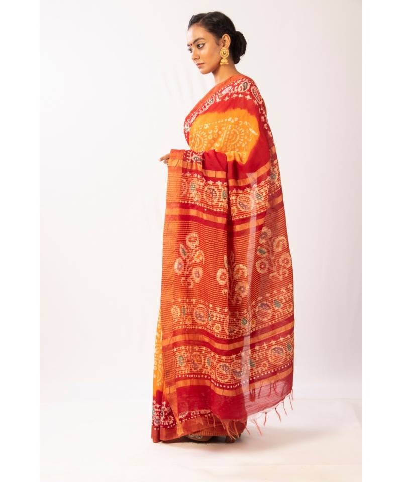 Mustard Bengal Cot Silk Zari Batik Printed saree with blouse