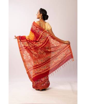 Mustard Bengal Cot Silk Zari Batik Printed saree with blouse 3