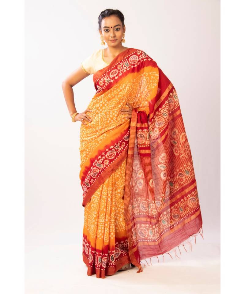 Mustard Bengal Cot Silk Zari Batik Printed saree with blouse