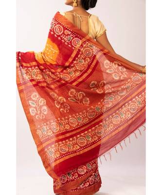 Mustard Bengal Cot Silk Zari Batik Printed saree with blouse 8