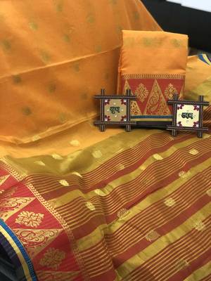 mustard Cotton Butta Pure Cotton silk Saree With Attached Blouse 1