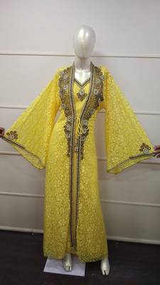  Yellow Zari Work Chiffon Polyester Islamic Party Wear Festive Kaftan 1