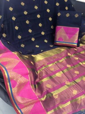 blue Cotton Butta Pure Cotton silk Saree With Attached Blouse 1