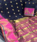 blue Cotton Butta Pure Cotton silk Saree With Attached Blouse